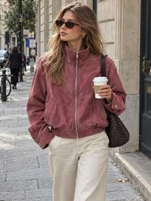 Women's Short Faux Suede Flight Jacket, Autumn Burgundy Long Sleeve Zip-Up Stand Collar Outerwear, Commute Office Outfit Jacket - Burgundy - View 3