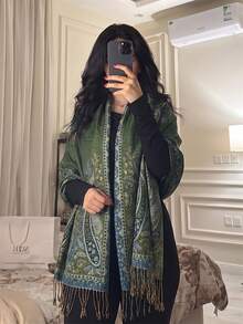 1件女款時尚保暖印花圍巾，經典佩斯利花紋希賈布披肩，適用於阿巴亞 - 翠藍色 - 查看 3