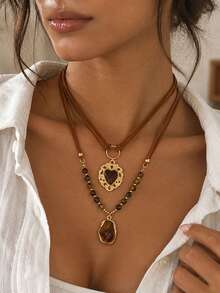 2pcs/Set Vintage Marrone Color Brown Velvet Rope Necklace With Brown Baroque And Heart Pendant, Fashionable Versatile Women's Neck Jewelry Suitable For Daily Casual, Dating, Vacation And Party Wear - Multicolor - View 1