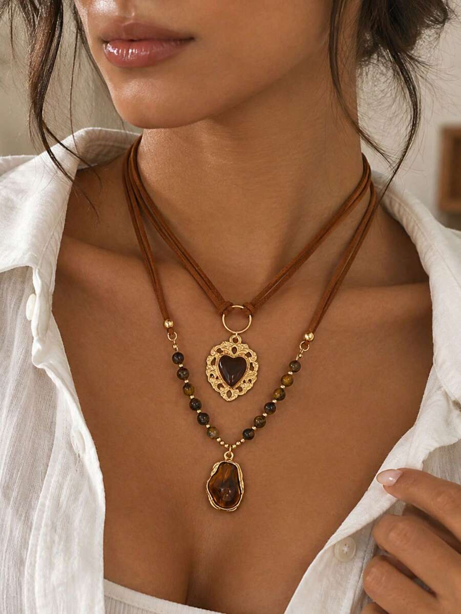 2pcs/Set Vintage Marrone Color Brown Velvet Rope Necklace With Brown Baroque And Heart Pendant, Fashionable Versatile Women's Neck Jewelry Suitable For Daily Casual, Dating, Vacation And Party Wear - Multicolor - View 1