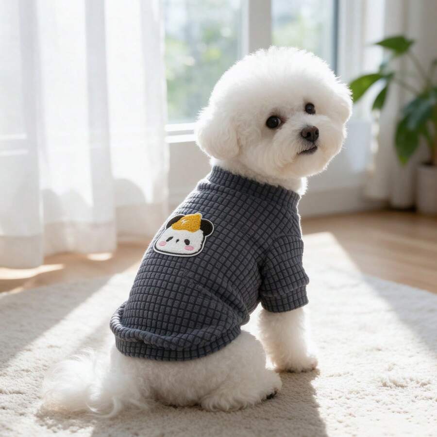 1PC Waffle Knit Dog T-Shirt, Cute Cartoon Panda Patch Half High Collar Pet Short Sleeve Shirt, Soft Stretchy Daily Clothes For Small Dogs Bichon Maltese Poodle - Dark Grey - View 1