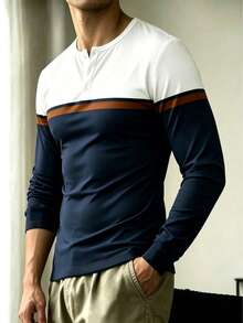 Men's Colorblock Patchwork Printed Business Henley Collar Long Sleeve T-Shirt Top - Multicolor - View 5