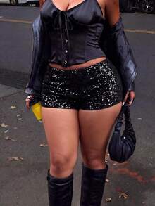 Women's New Autumn/Winter Daily Versatile Leopard Print Sequin Embroidered All-Season Shorts - Charcoal Black - View 2
