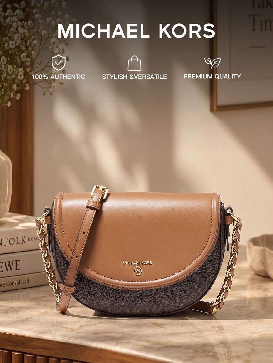 Michael Kors Jet Set Charm Women's Half-Moon Crossbody Bag, Vintage Flap Saddle Shoulder Bag With Chain Strap – Brown/Tan - Brown - View 1