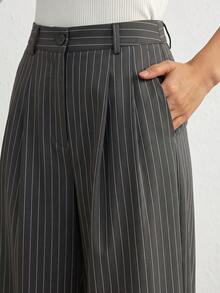 Vertical Striped High-Waist Pleated Wide Leg Suit Pants, Women's Loose Formal Trousers - Grey - View 9