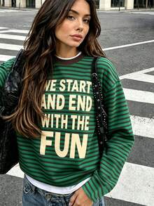 Women's New Arrival Bestselling Casual Striped Graphic Print Loose Pullover Sweatshirt - Green - View 2