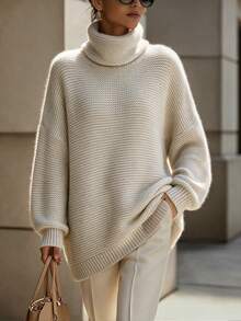 Women's Oatmeal Chunky Knit Cowl Turtleneck Drop Shoulder Oversized Pullover Sweater, Casual Lazy Cozy Fall Winter Daily Wear - Apricot - View 2
