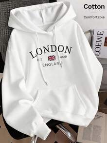 Women's Autumn Hooded Sweatshirt, "LONDON EST 47AD ENGLAND" Text And UK Flag Graphic, Loose Fit, Y2K Style - White - View 2