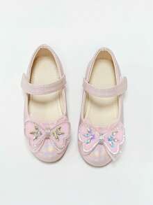 1 Pair Girls' Gentle Nude Pink Princess Shoes, Hook And Loop Mesh Rhinestone Bow Mary Jane Shoes, Versatile For Birthday, Party, Performance - Pink - View 6