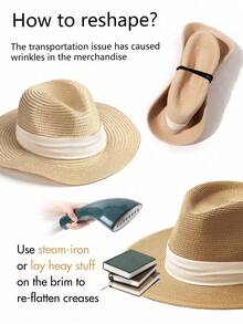 1pc Women's Colorblock Fashionable Summer Sun-Shielding Versatile Woven Jazz Hat, Straw Hat - Khaki - View 8
