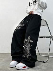 SU ER Men's Summer Casual Elastic Waist Drawstring Loose Draped Lazy Wide Leg Curved Hem Long Pants - Black - View 4