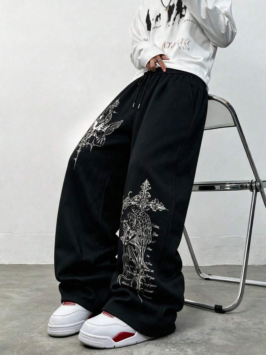 SU ER Men's Summer Casual Elastic Waist Drawstring Loose Draped Lazy Wide Leg Curved Hem Long Pants - Black - View 1