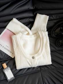 Minimalist Sexy Style Crochet Hollow Out Exquisite Button Knit Sweater Women Autumn/Winter New Round Neck Soft Fluffy Long Sleeve Crop Top - Apricot - View 7
