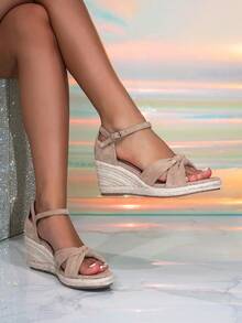 Women's Suede Bow Knot Twisted Straw Woven Wedge Sandals, Rope Braided Thick Sole Platform Open Toe Buckle Shoes - Apricot - View 3