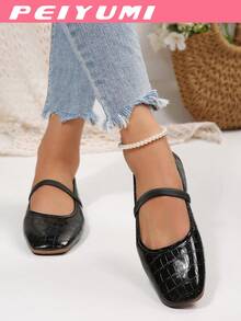 PEIYUMI Autumn Square Toe Mary Jane Flats, Black Crocodile Embossed Soft PU, Comfortable And Soft, Suitable For Daily Commute, Versatile - Black - View 6