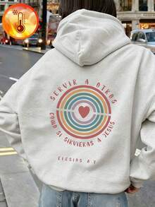 Cozy Women's Long Drop Shoulder Hoodie With Drawstring, Warm Lined Composite Fabric Pullover Featuring Rainbow Heart Print, Perfect - White Gray - View 4