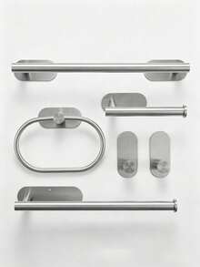 Stainless Steel Bathroom Accessories, Thickened Towel Bar With Towel Ring, Drill-Free Clothes Hook, Toilet Paper Holder, Bathroom Storage Rack, Suitable For Kitchen, Laundry Room - Silver - View 2