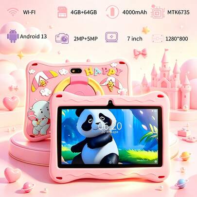 4GB RAM + 64GB ROM / Tableta de 7 pulgadas / Quad-Core 1.3GHz / Android 13 MTK6735 / Pantalla HD IPS 1280x800 / Cámara 2MP+5MP / Batería 4000mAh / WiFi, Control Parental, Educación, Juegos / Plástico ABS + Silicona, Tableta Educativa