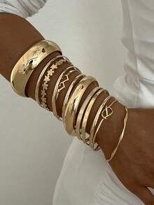 12/6pcs Multi-Piece Stackable Fashion Minimalist Elegant Exquisite Vintage Design Geometric Ribbon Wave Heart Flower Twist Love Text Multi-Element Polished Minimalist Plain Metal Chunky Bangle Bracelet Set, Holiday Vacation Party Date Gift, Daily Commute Wear, Personalized - Yellow Gold - View 2
