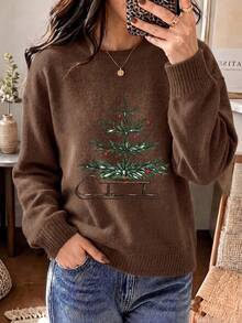 Women's Plus Size Long Sleeve Pullover Sweater, Vintage Hand-Painted Sleigh & Christmas Tree Print, Loose Casual Top, Suitable For Autumn/Winter - Dark Ochre - View 4