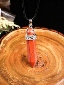 Natural Crystal Hexagonal Pillar Pendant Necklace, Rotating Round Bead Crystal Pillar Charm, Vintage Silver-Tone Leather Cord Necklace, Healing Energy Stone Accessory - Round Bead Single Point Pendant - View 13