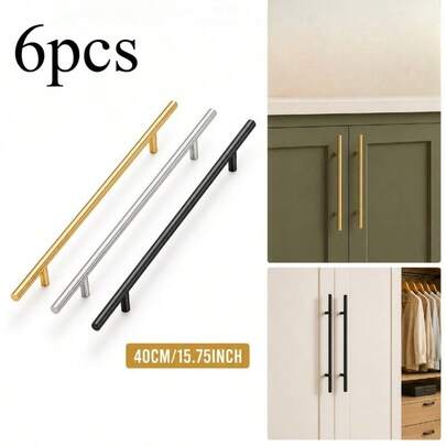 6pcs Black Gold Silver Cabinet Handle Brushed Stainless Steel Kitchen Cabinet Door Handle Furniture Drawer Handle Hardware Handle T Shape Handle