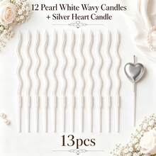 13pcs Birthday Cake Candles Set, Includes 12 Pearl White Wavy Curve Candles + 1 Silver Heart-Shaped Candle, Minimalist Luxury Texture - View 1