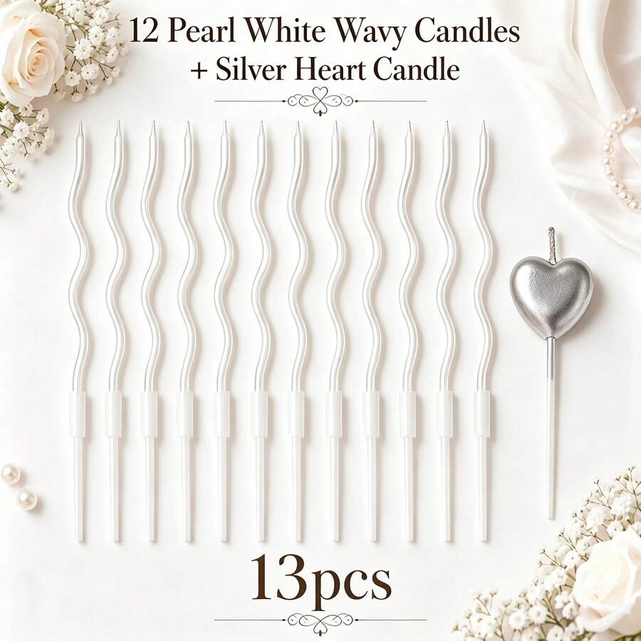 13pcs Birthday Cake Candles Set, Includes 12 Pearl White Wavy Curve Candles + 1 Silver Heart-Shaped Candle, Minimalist Luxury Texture - View 1