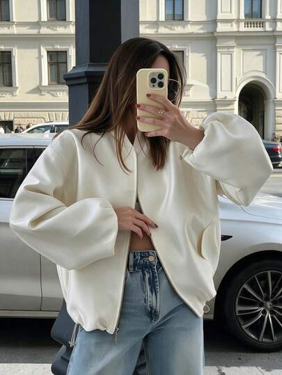 Women's Satin Baseball Jacket, Spring/Autumn New Style, Loose Oversized Lantern Sleeve Cropped Casual Outerwear