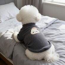 1PC Waffle Knit Dog T-Shirt, Cute Cartoon Panda Patch Half High Collar Pet Short Sleeve Shirt, Soft Stretchy Daily Clothes For Small Dogs Bichon Maltese Poodle - Dark Grey - View 9