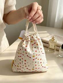 Cream Canvas Floral Dot Drawstring Makeup Bag Portable Handheld Travel Cosmetic Storage Pouch Gift L'Occitane Drawstring Bag - White + Yellow + Red - View 7