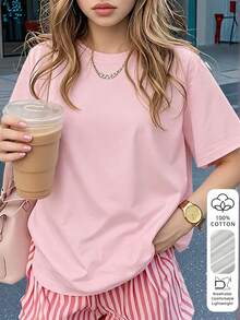 Kaos Wanita Polos Warna Pink, Leher Bulat, Lengan Pendek, Potongan Reguler, Minimalis, Warna Polos, Cocok untuk Pakaian Kasual Sehari-hari - Berwarna merah muda - View 1