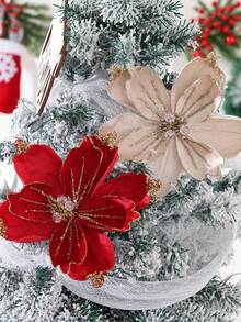1Pc Glitter Velvet Artificial Christmas Poinsettia Flowers,Beaded Fabric Floral Picks,Decorative Flower Stems For Christmas Tree,Table Centerpiece - Multicolor - View 3
