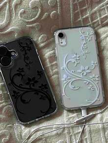 Fashionable New Transparent Retro Autumn/Winter Black & White Floral Pattern Phone Case Compatible With Apple 17 Pro Max/16/15/14/18, Soft Edge Acrylic Clear Minimalist Niche Personalized Ins Vintage Style Shockproof Protective Cover - White - View 2