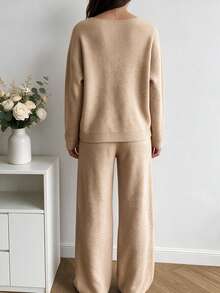Women's Oatmeal Ribbed Knit Boat Neck Long Sleeve Top & Wide Leg Pants Two Pieces Set, Cozy Casual Loungewear Daily Wear - Oatmeal Color - View 7