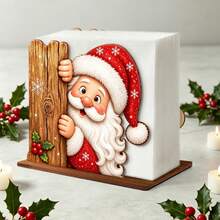 1pc Peeking Santa Wooden Napkin Holder & Tissue Box - Hidden Santa With Snowflake And Holly Berry Table Centerpiece, Movable Desktop Storage Box, Suitable For Home Kitchen, Christmas Party Decoration, Desktop Tissue Holder, Christmas Decor, Home Decor - Multicolor - View 3