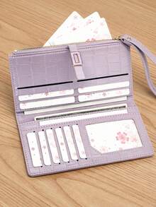 Fashionable Crocodile Embossed Long Wallet PU Mini Wrist Bag With Exquisite Clasp, Folded Wallet Card Holder Coin Purse With Zipper - Mauve Purple - View 2