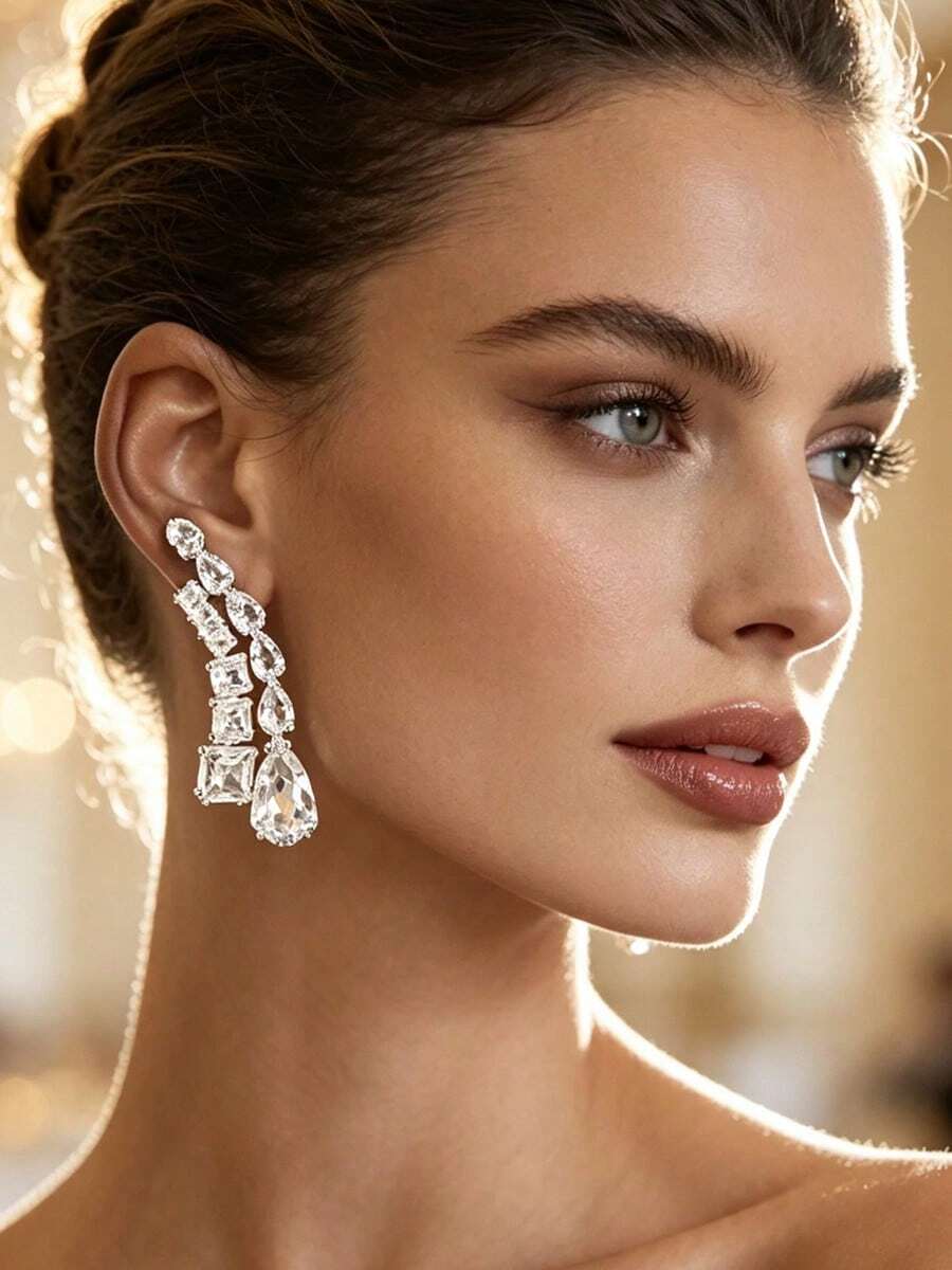Swarovski 1 Pair Silver Teardrop & Square Glass Rhinestone Tassel Long Pendant Earrings, Exaggerated Style Jewelry For Women Wedding Party - Silver - View 1