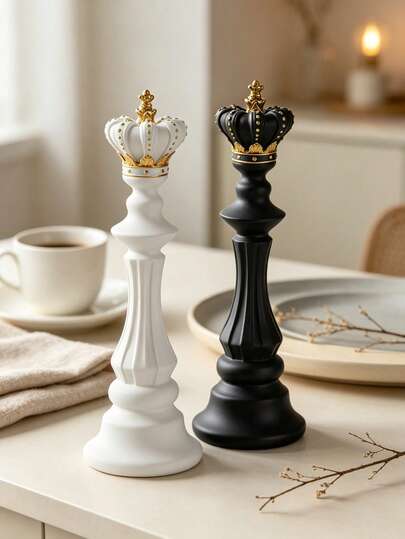 1 Set Black & White King Chess Piece Decor, Resin Sculpture With Crown Top And Gold Accents, Modern Luxury Home Bookshelf Ornament, Suitable For Living Room And Office, Modern Bookshelf Decoration, Chess Fan Gift