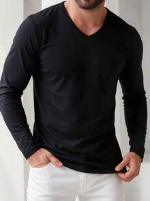 ALTZTAR Men's V-Neck Solid Color Casual Long Sleeve T-Shirt - Black - View 1