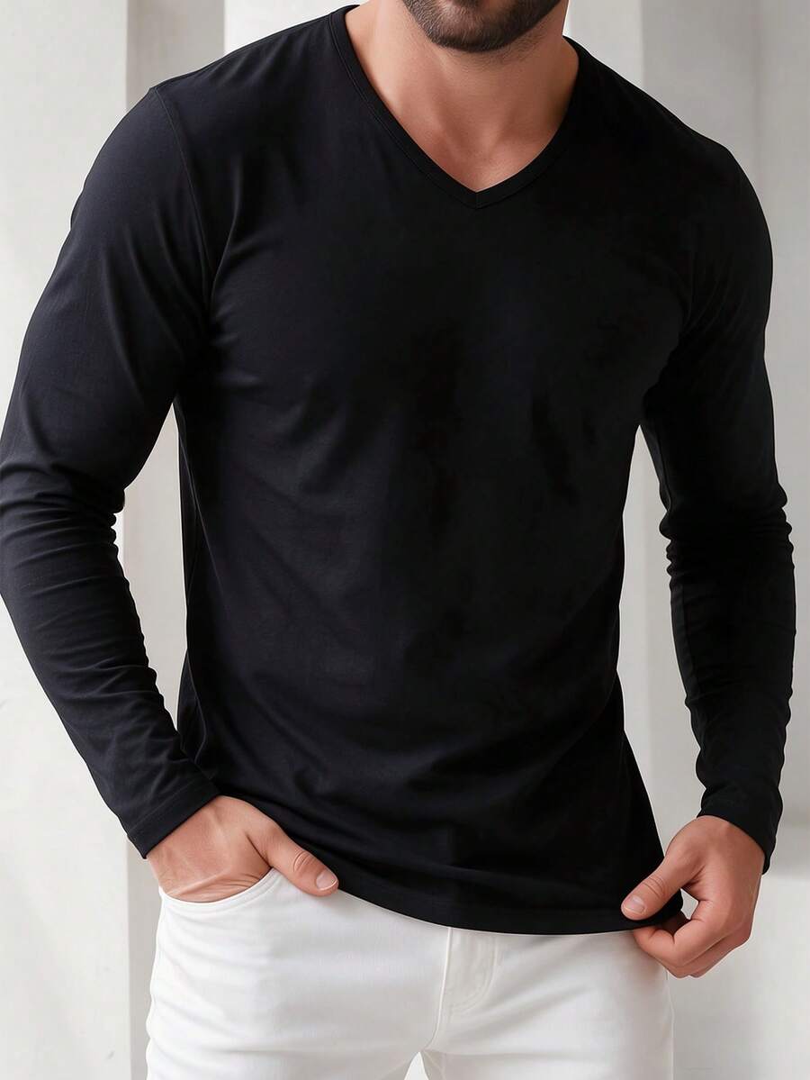 ALTZTAR Men's V-Neck Solid Color Casual Long Sleeve T-Shirt - Black - View 1