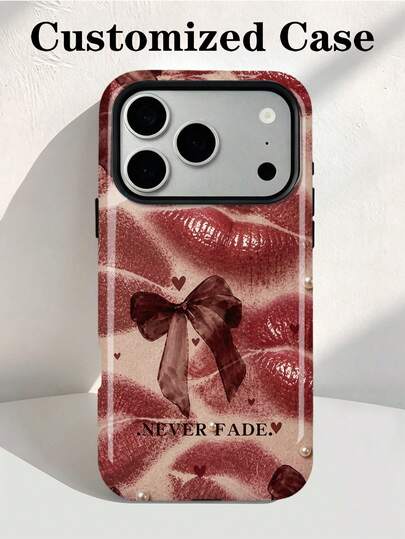 1pc Fashionable Red Lip Print Heart Bow Name Pattern Customized Personalized Signature Short Phrase Customized Anniversary Gift, Valentine's Day Gift, Birthday Gift, Wedding Gift, Mother's Day Gift, Father's Day Gift, Best Friend Gift, Gift For Mom/Dad, Gift For Boyfriend, Gift For Girlfriend 2-In-1 Glossy Film Hard Shell Full Coverage Protective Phone Case Compatible With Iphone 11/12/13/14/15/16 17 Pro Max