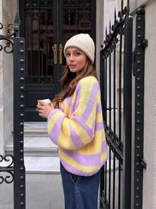 Women's Y2K Lavender & Pale Yellow Striped Cardigan, V-Neck, Dropped Shoulder, Long Sleeve, Vacation Style, Loose Casual Versatile For Autumn/Winter - Purple - View 8