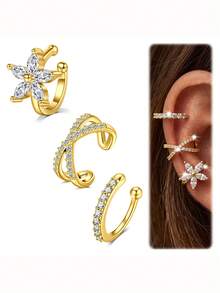CIZME 3pcs Minimalist 14K Ear Cuff Set Flower Butterfly Cubic Zirconia Ear Clip Earrings, No Piercing Needed, Suitable For Daily Office Wear Gift For Her - Golden and Silvery - View 6