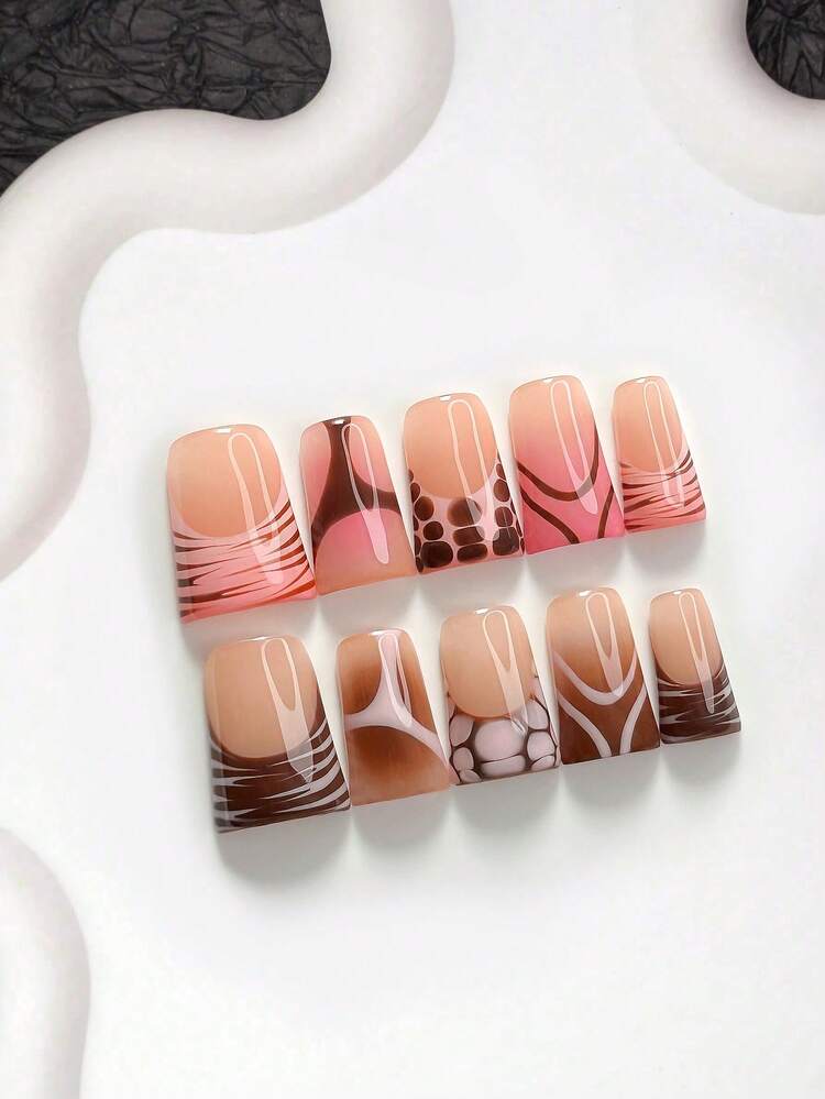 10pcs/Set Sweet Style Handmade Press-On Nails, Polygel Nail Art Set, Hand-Painted Brown & Pink Nail Polish, Cute Style, Includes Nail Tools, 3 Sizes Available, Almond/Duck/Coffin Shape, Suitable For Party, Dance, Daily Wear (Handmade Details May Vary) - Multicolor - View 13