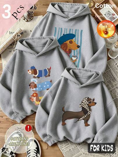 Autumn/Winter 3 Pieces Set Girls' Cartoon Puppy Print Grey Long Sleeve Hooded Sweatshirt Y2K Style