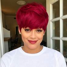 Green & BUG Red Color Layered Pixie Cut Human Hair Wigs For Women 6 Inch Short Pixie Cut Wig 150% Density Full Machine Made Wig With Bangs 1 Pc Human Hair Wig For Music Festival Daily Party Wear - SBUG - View 4