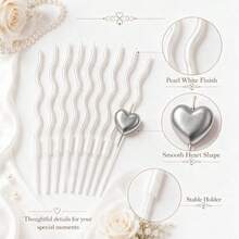 13pcs Birthday Cake Candles Set, Includes 12 Pearl White Wavy Curve Candles + 1 Silver Heart-Shaped Candle, Minimalist Luxury Texture - View 4