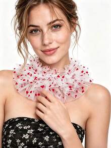 1pc Sheer Tulle Fake Collar With Red Heart Print, Detachable Ruffled Faux Collar With Ribbon Bow, Sweet Decor Accessory For Dress & Shirt Party Outfit - A - View 1