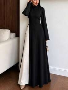 Women's Solid Color Stand Collar Back Knot Casual Daily Long Robe - Black - View 4